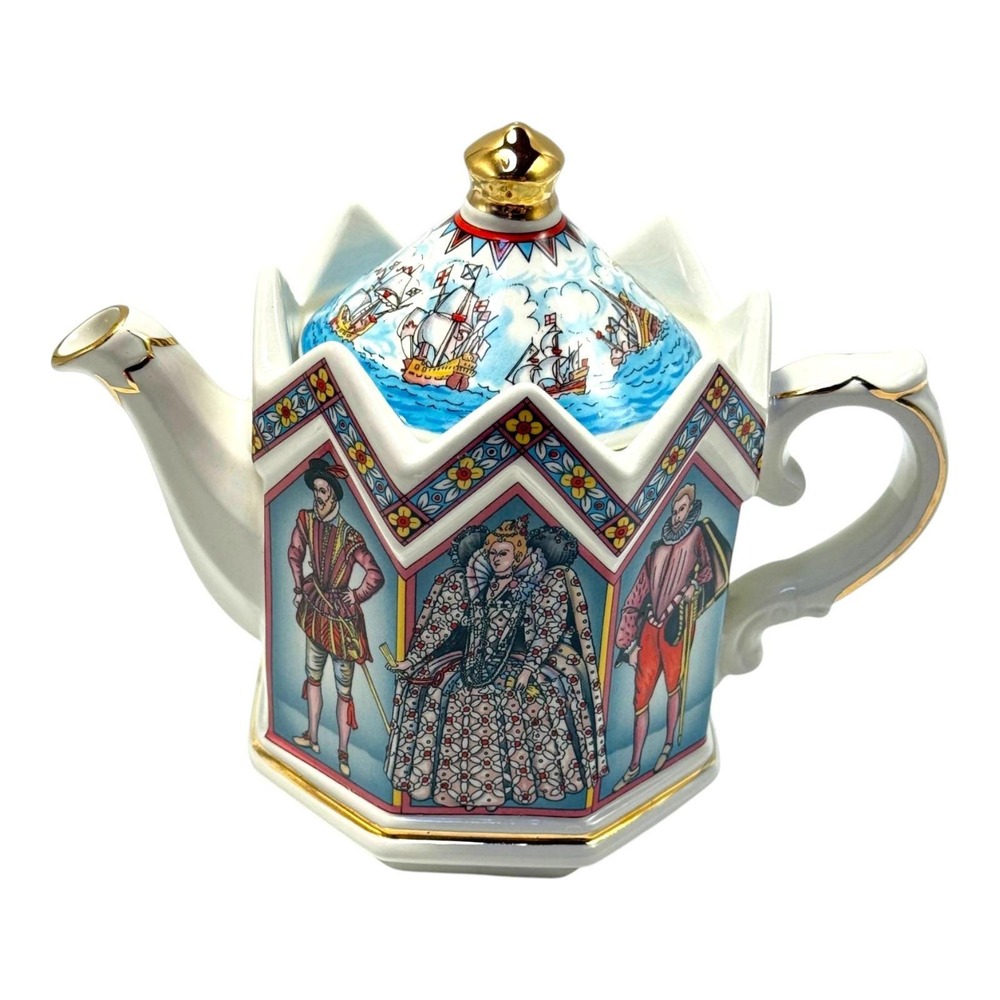 Sadler Teapot Queen Elizabeth I Spanish Armada 1588 Six-sided Ceramic Vintage 88